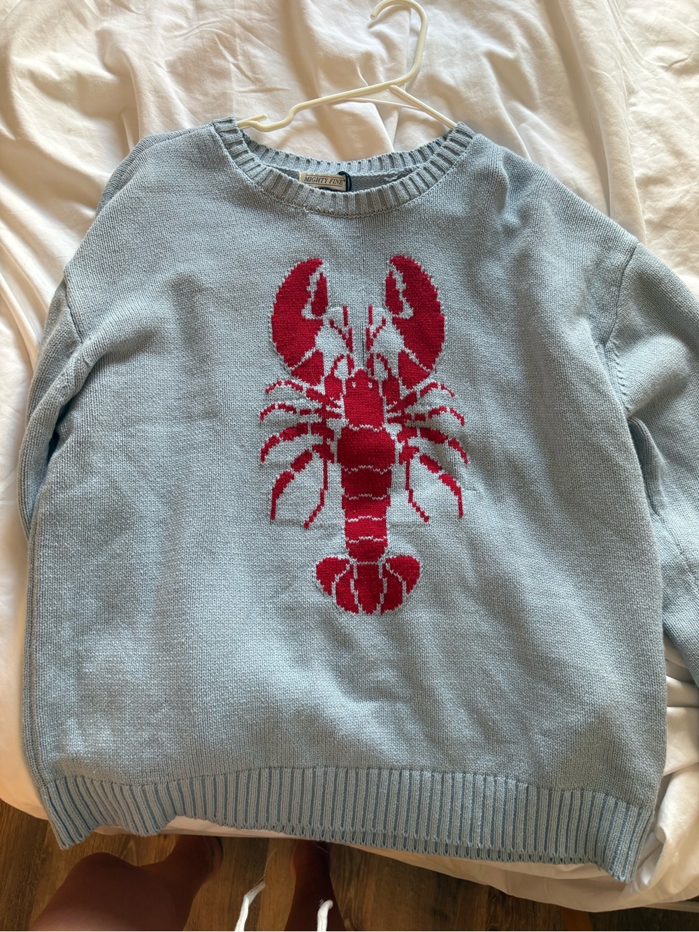 Light Blue Women’s Sweater with Red Lobster Motif